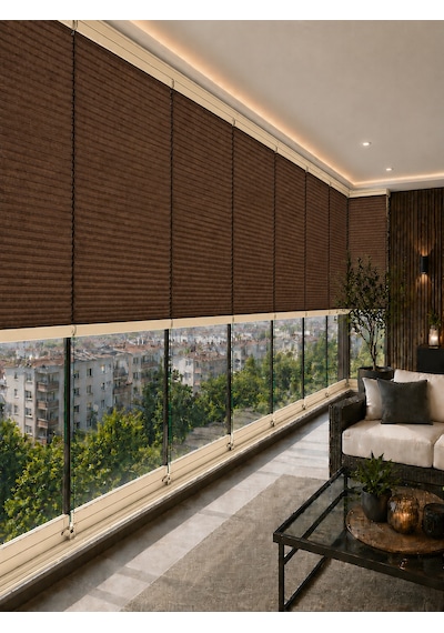 Plise Perde Kahverenk Kumaş + Krem Profil Kasa Cam Balkon Perdesi