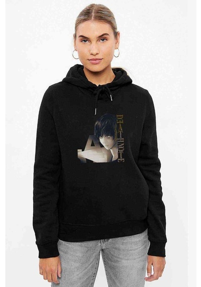 Deaath Note Baskılı Siyah Kadın Kapşonlu Sweashirt