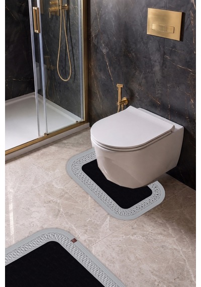 Banyo Paspası Takımı 70x110+50x70 Cm İç Trikot Siyah & Gümüş Gri