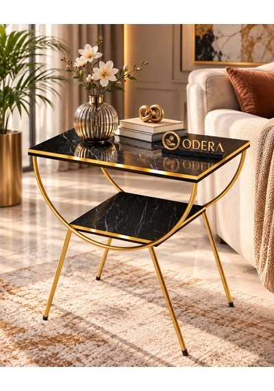 Odera Bendir Siyah Mermer Desenli Çift Raflı Yan Sehpa Komodin Metal Ayaklı Retro Modern Sehpa Diğer