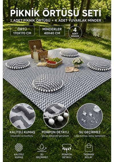 "piknik Örtüsü Seti Su Geçirmez 170x170 Cm 4 Minderli Ponponlu Gri Leke Tutmaz Kamp Örtüsü" Çok Renkli "piknik Örtüsü Seti Su Geçirmez 170x170 Cm 4 Minderli Ponponlu Gri Leke Tutmaz Kamp Örtüsü" Çok Renkli