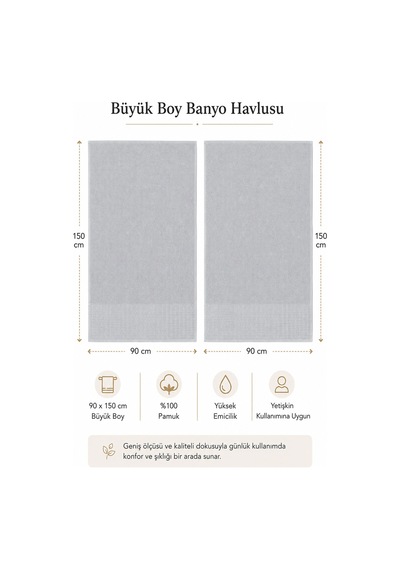 2'li Büyük Boy Banyo Havlusu 90x150 Cm %100 Pamuk Siena Collection 650 Gr Açık Gri