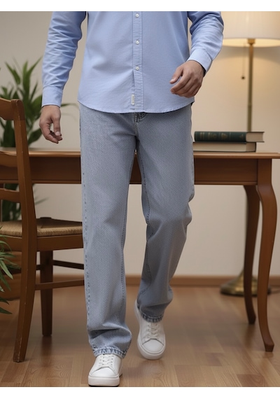 Lyvens Erkek Buz Mavi Baggy Oversize Bol Paça Jean Kot Pantolon Buz Mavi