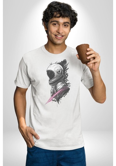 Astronot Kafası Unisex Unisex Beyaz Organik Baskılı T-shirt Penye Yüksek Kalite Beyaz
