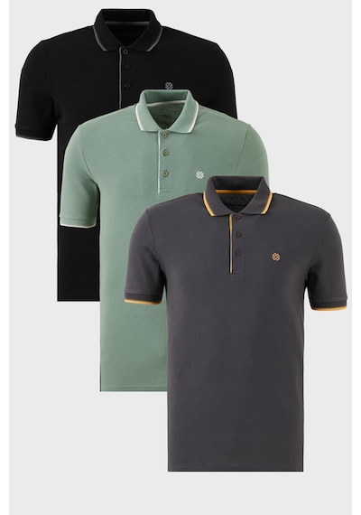 Buratti Pamuklu Slim Fit Şerit Detaylı Düğmeli Polo Yaka 3'Lü Paket Erkek T Shirt 5902118S3 Siyah-Antrasit-Elma Yeşili-Beyaz