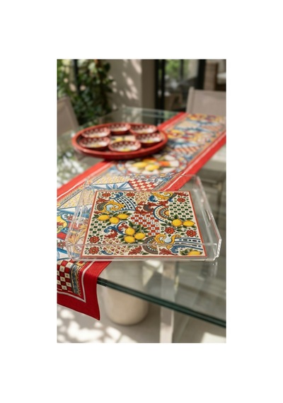 Kırmızı Milano Limon Desenli Pleksi Sunum Tepsis Tek Kişilik 23x23cm Kırmızı