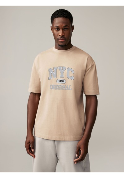 Uyguntarz Pamuklu Nyc Baskılı Oversize T-shirt Bej