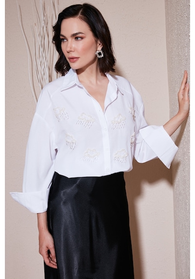 Lela Taş Detaylı Uzun Kollu Regular Fit Bayan Gömlek 611Go00418 Ekru