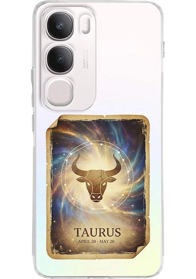 Vivo Y19s İle Uyumlu Burç Kartları Boğa Tasarımlı Şeffaf Silikon Kılıf Şeffaf