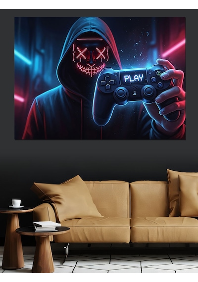 Neon Işıklı Kapşonlu Gamer Figür Dekoratif Kanvas - Mdf Ahşap Tablo
