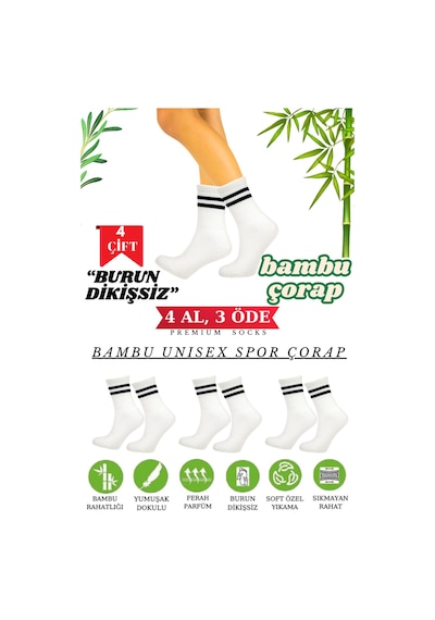 Harmony Collectıon Spor Tenis 4 Çift Kolej Çizgili Çorap Beyaz Dikişsiz Premıum Socks