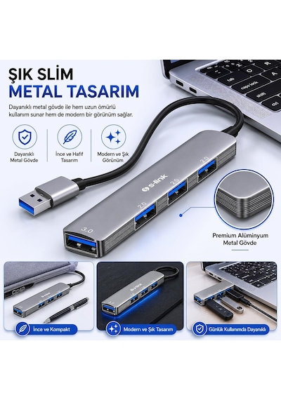 S-link Sw-u333 Usb Hub 4 Port Metal Usb Çoklayıcı, 1x Usb 3.0 + 3x Usb 2.0, 5gbps Hızlı Veri Aktarımı, Slim Alüminyum Tasarım, Tak Çalıştır Usb Çoğaltıcı Hub, Laptop Pc Uyumlu