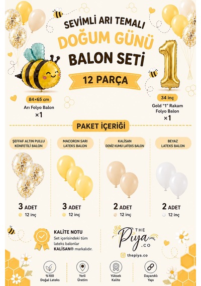 Sevimli Arı Temalı Doğum Günü Balon Seti 11 Parça Sarı