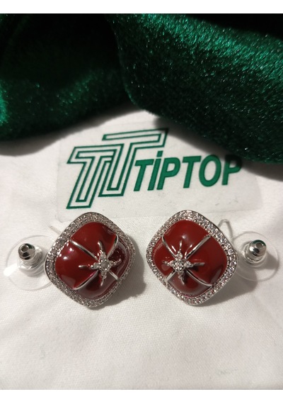 Tiptop/ Fransız Mikro Zirkon Krom Kare Kırmızı İnci Küpe Gümüş - Kırmızı