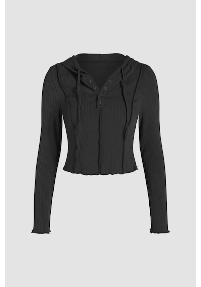 Hiccup Kadın Kısa Dar Kesim Kapüşonlu Hoodie Siyah