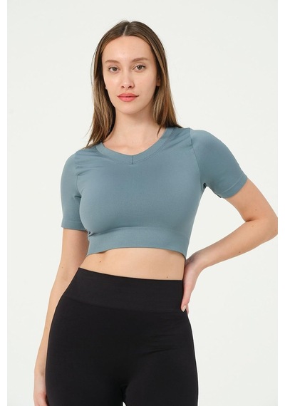 Forever More Kadın V Yaka Kısa Kollu Dikişsiz Esnek T-shirt Crop Top Turkuaz-xs Altın - Beyaz