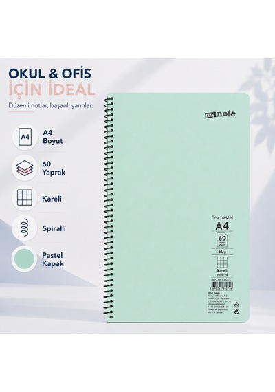 Mynote Flex Pastel A4 60 Yaprak 60 Gr Spiralli Kareli Defter Turkuaz