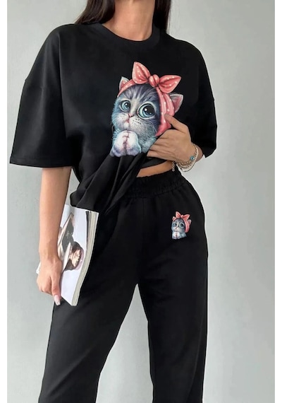 Tarzsokak Sevimli Minik Kedi Eşofman Altı Ve T-shirt - Jogger Tişört Alt Üst Eşofman Takımı B Siyah