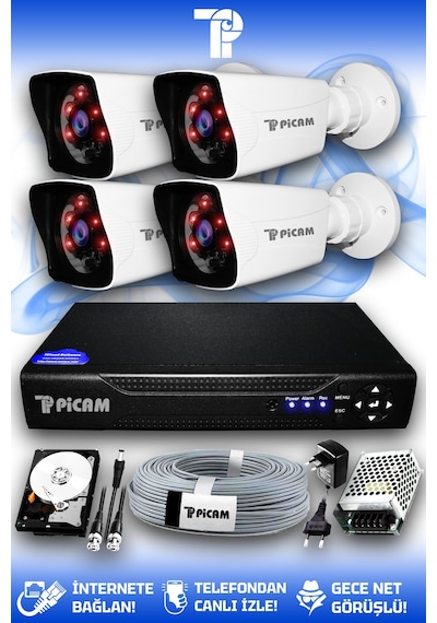 Picam 4 Kameralı Kare 4 Dış Kamera Set 1 TB HDD Full HD Gece Görüşlü Güvenlik Kamerası Sistemi