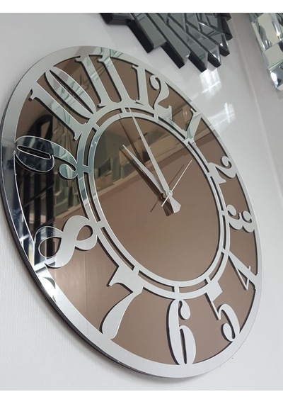 Ayna Denizi Silver Latin Bronze Model Gümüş Bronz Renk 50 CM Dekoratif Aynalı Duvar Saati Gümüş
