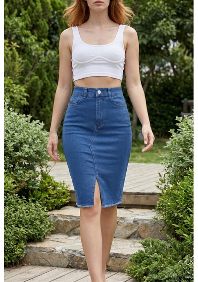 Soulshae Mavi Yüksek Bel Yırtmaçlı Denim Kalem Midi Etek