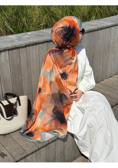 Qalortex Scarf Pamuklu Rosaly Desen Şal-mint/orange