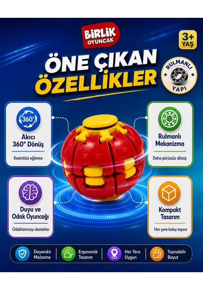 Stres Topu Press & Spin Basınca Dönen Fidget Spinner Oyuncak 3+ Yaş Kırmızı
