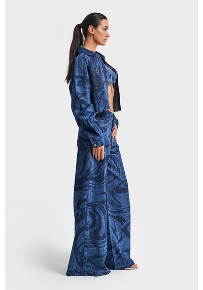 it's basic Kadın Mavi Renk Parlak Taş Detaylıpalazzo Fit Bol Kesim Denim