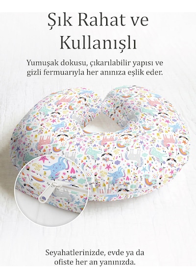 Renkli Unicorn Desenli Pamuklu Boyun Yastığı - Pastel Masalsı Figürler Pembe Mavi Seyahat Yastığı Çok Renkli