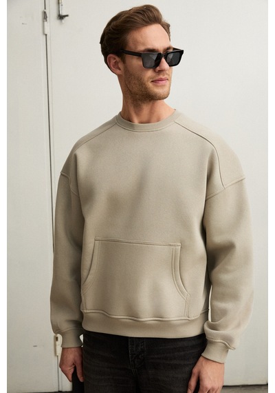 Grimelange Coyotes Erkek Bisiklet Yaka Kangru Cepli Organik Pamuk Regular Fit Açık Haki Sweatshirt Açık Haki