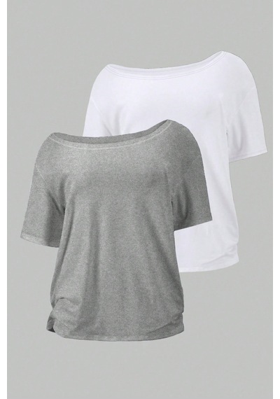 Cool Tarz Gri Beyaz 2li Paket Kadın Düşük Omuz Kayık Yaka Oversize T-shirt Gri - Beyaz Gri - Beyaz