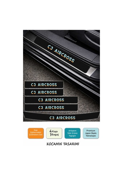 Araç Modeline Özel Citroen C3 Aircross Karbon Kapı Eşiği Koruma Seti 5 Parça Premium Renkli Baskı