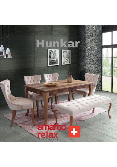 Smarto Relax Hünkar 2'li Yemek Masası Sandalye Seti - Ahşap Ayaklı, Krem Kumaş Ekru Ve Kahverengi