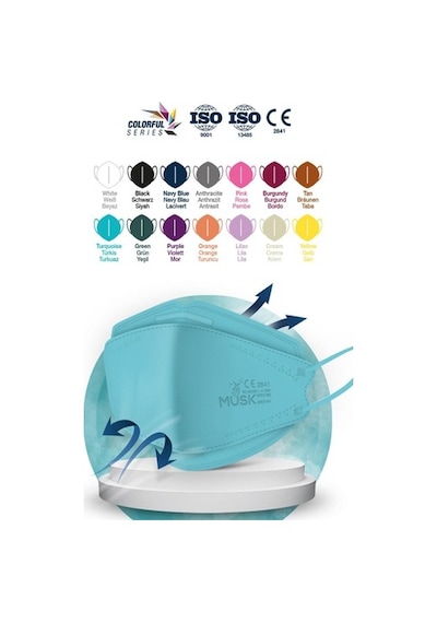 Musk Kf94 Kore Tipi N95 Maske 5 Renk 50 Adet (Turkuaz, Taba