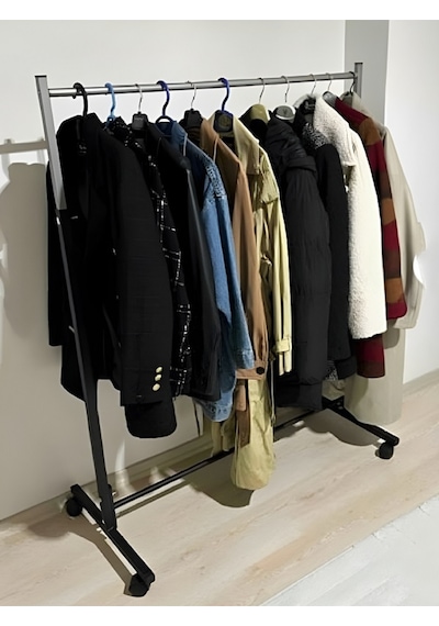Paslanmaz Metal Askılık Vitrin Konfeksiyon Tekerlekli Demonte Portmanto 150 Cm Hanger Siyah