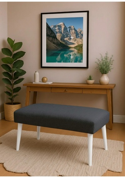 Waterybrook Bench Bank - Keten Kumaş - Beyaz Ahşap Ayaklı - 90x45 Cm - Modern Retro Tasarım - Oturma Pufu Koyu Gri