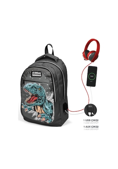 Coral High Kids Dinazor Desenli Üç Bölmeli USB Şarjlı Kulaklık Çıkışlı Okul Sırt Çantası 23420