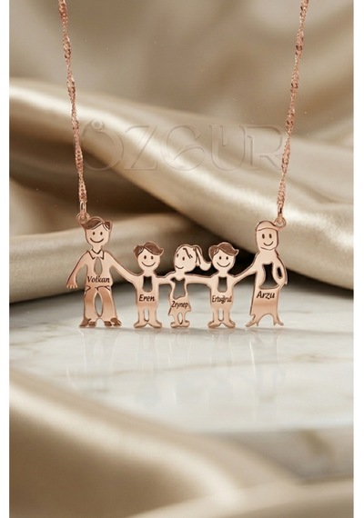 925 Ayar Gümüş İsimli 5 Kişilik Aile Kolye Rose Gold