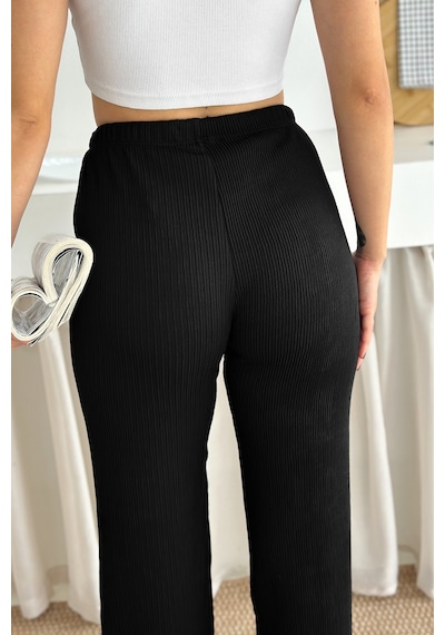 Kadın Bol Paça Sardonlu Kalın Pantolon Kışa Özel & Konforlu Stil Siyah