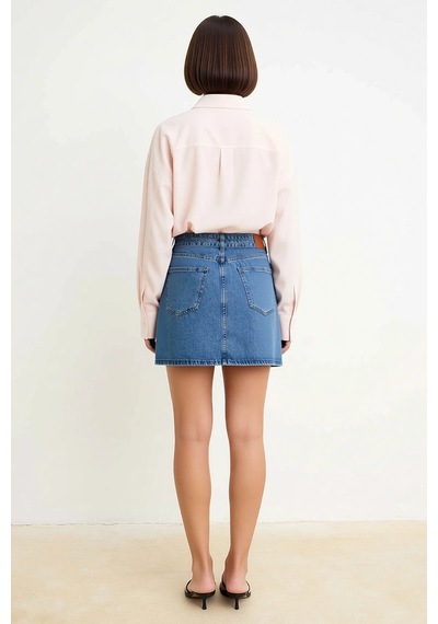 Benerly Kadın Mini Denim Etek Kemer Detaylı %100 Pamuk Rigid Dokuma Beden Mavi