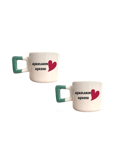 Mor Mürekkep Aşkoların Aşkosu Baskılı Yeşil Kare Kupa Set