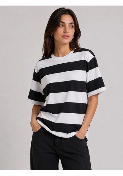 Efnaz Style Çizgili Oversize Tişört Bisiklet Yaka Kısa Kol Yazlık T-shirt - Siyah