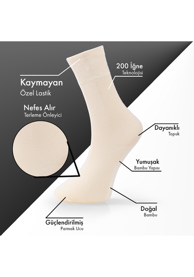 Saf Bambu Erkek Soket Uzun Düz Siyah Çorap Dikişsiz Premium Kutulu 6'lı L5952aznb Softaura Krem