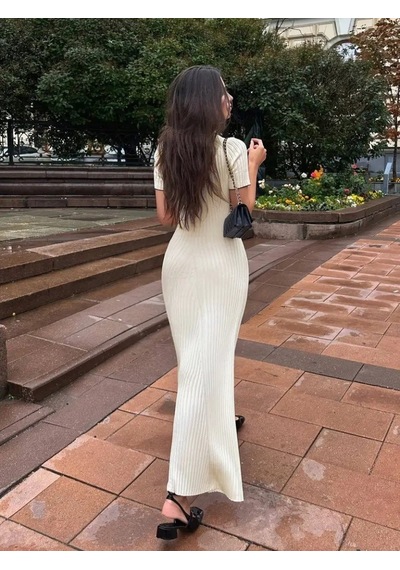 Efnaz Style Kadın Kısa Kollu Yakalı Önden Düğmeli Maxi Triko Elbise Beyaz