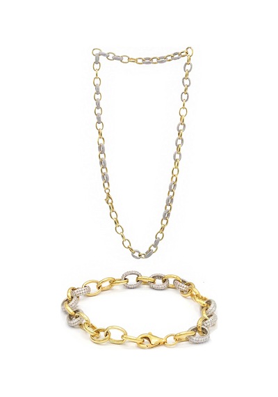 Zirkon Taşlı 925 Ayar Gümüş Gold Gurme Zincir İkili Set 201021769