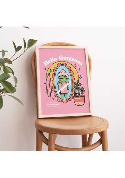 Kız Kurbağası Öz Sevgi Duvar Baskısı, Pozitiflik Merhaba Güzellik Sözü, Pembe Retro Posterler