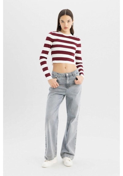 Defacto Coool Slim Fit Dar Kesim Çizgili Bisiklet Yaka Triko Kazak X6888az24wnbr330 Bordo