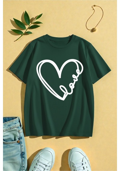 Uyguntarz Unisex Kalp Love Baskılı Tasarım Tshirt Yeşil