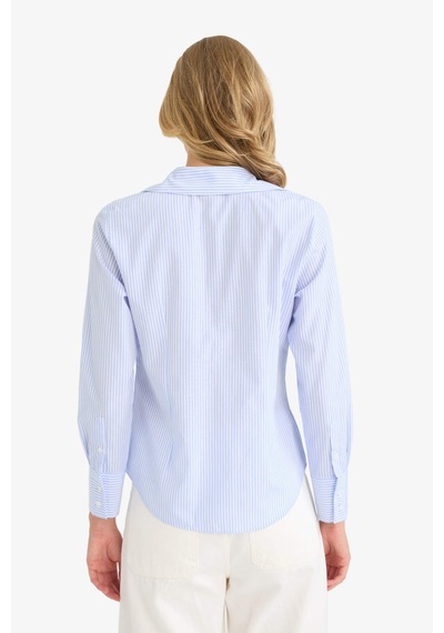 Defacto Fitted Çizgili Poplin Uzun Kollu Gömlek D3172AX24AU Mavi