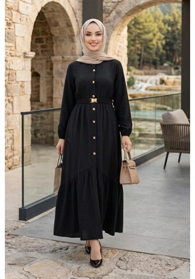 Hb Harma Time Butik Kadın Düğmeli Kemerli Çilek Kumaş Siyah Elbise